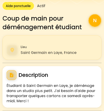 Exemple de Vibee Neerbee pour demander de l'aide à ses voisins : annonce entraide dans le quartier.