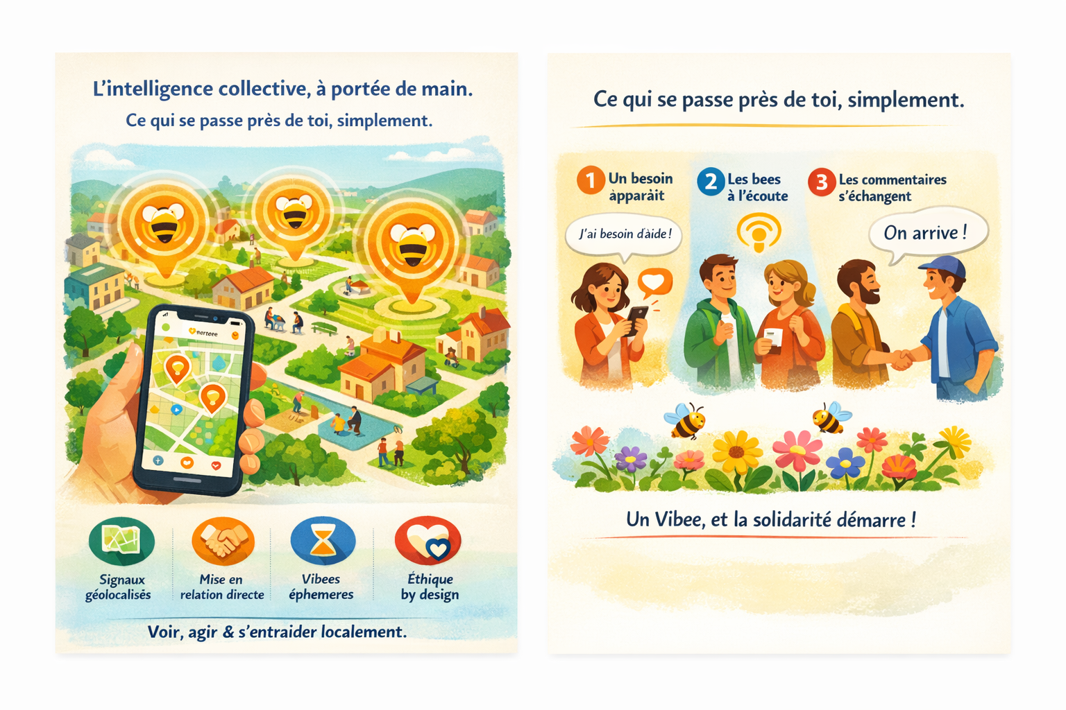 Infographie Neerbee : l'intelligence collective à portée de main, signaux géolocalisés et entraide dans le quartier.